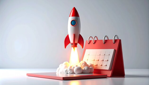 カレンダーから飛び立つロケットのクリーンな3Dイラスト