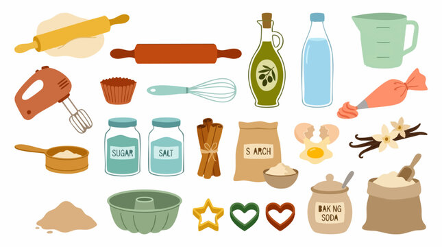 Kitchen essentials for baking: ingredients, tools, and supplies set