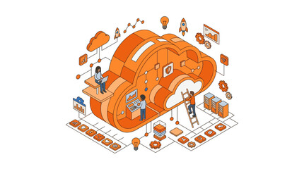 Fototapeta premium Isometric orange cloud computing with team working together.