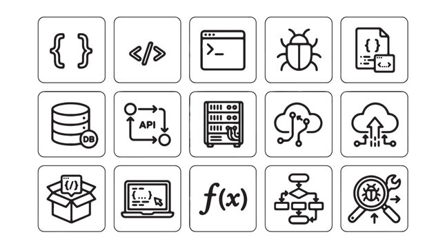 Coding, web development, and programming icons, 16 symbol set, line style