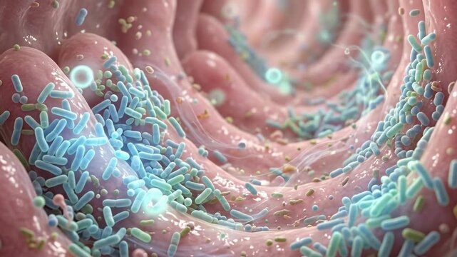 Close up of intestinal lining surface with healthy gut bacteria microorganisms microscopic view
