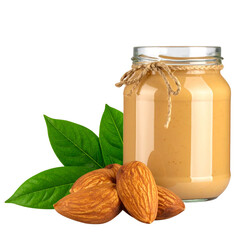 Glass Jar of Creamy Almond Butter with Whole Almonds, healthy spread isolated on transparent background