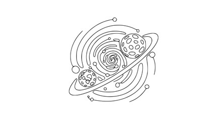 Cosmic swirl with planets and rings, abstract outline illustration © Lancar