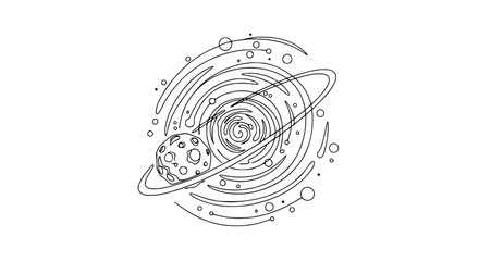 Cosmic vortex with planet and rings, black and white line art illustration © Lancar