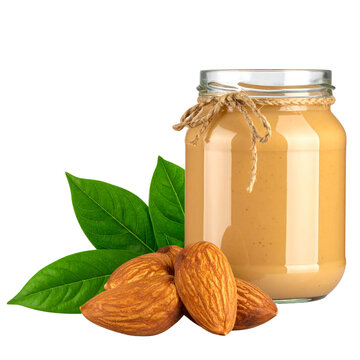 Glass Jar of Creamy Almond Butter with Whole Almonds, healthy spread isolated on transparent background