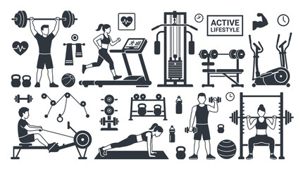 Large collection of gym and fitness equipment icons. © Ahda