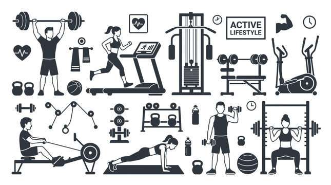 Large collection of gym and fitness equipment icons.