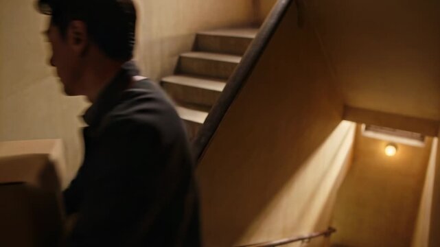 Carrying two boxes man in coat coming to landing, climbing stairs delivering items, copy space