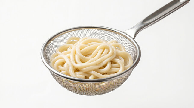 Boiled udon noodles in a colander