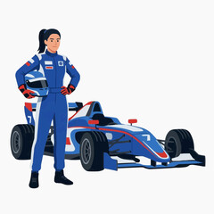 Naklejka premium A female race car driver standing confidently in front of her blue and red racing car