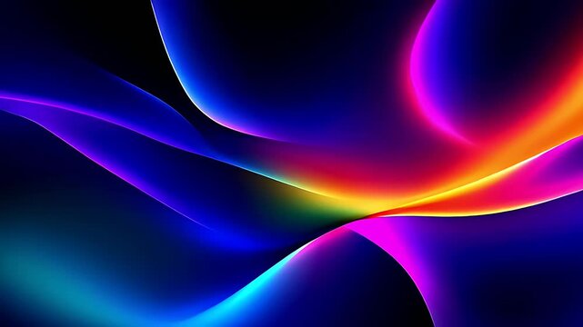 Abstract background with flowing neon light waves in vibrant purple blue and orange colors.