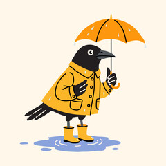 Fototapeta premium Adorable Raven in Yellow Raincoat with Umbrella