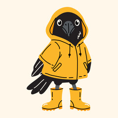 Fototapeta premium Cute Crow Wearing Yellow Raincoat and Boots