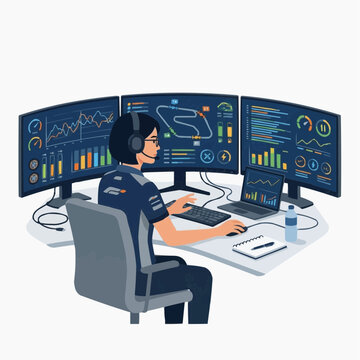 A man sits at a desk with multiple computer monitors and analyzes data