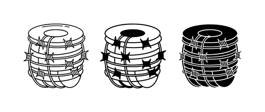 Barbed Wire Spool Icons, Security Protection Symbols, Industrial Material Graphics