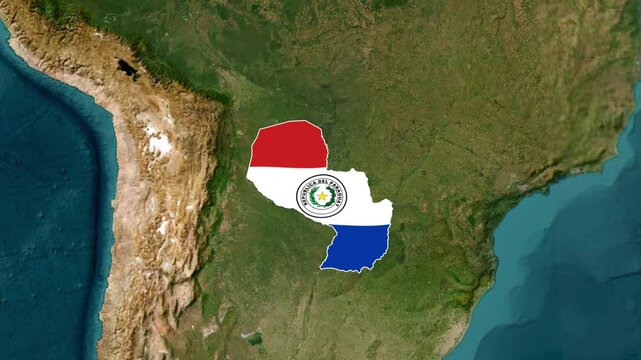 Paraguay national flag overlay animated on satellite map footage showing South America motion