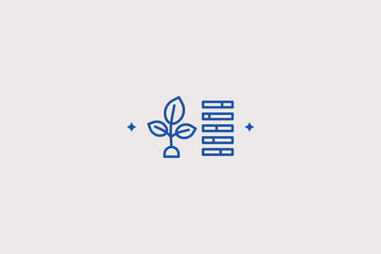 Electronic server rows near small seedling line icon for smart agriculture for data processing systems. Professional vector illustration for tech farm management applications.