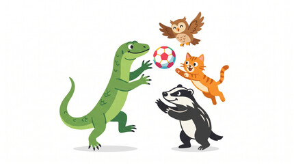 Fototapeta premium Group of Cute Cartoon Animals Playing Together with a Colorful Soccer Ball 