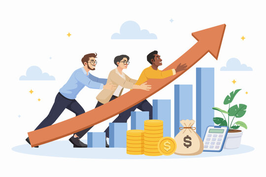 Startup business team pushing rising revenue growth arrow for financial corporate success concept