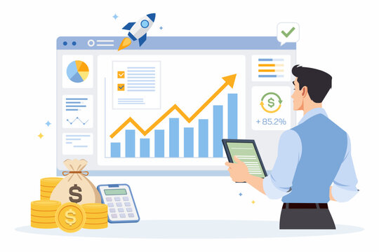 Person analyzing business growth metrics dashboard with financial data charts concept
