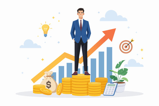 Entrepreneur standing on growing coins stack for startup financial business growth concept