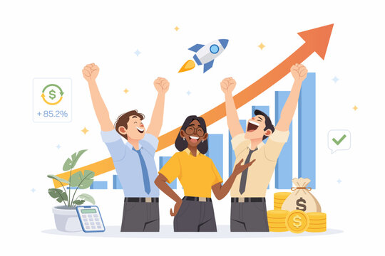 Startup business team celebrating financial growth success with rising chart concept