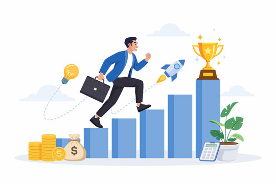 Businessman running up arrow stairs for successful startup business growth concept