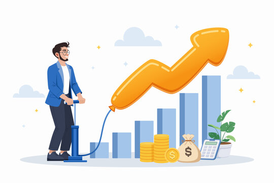 Entrepreneur inflating rising growth arrow balloon for startup business expansion concept