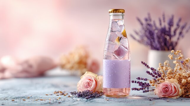 Refreshing pink beverage with ice and floral garnishes in cozy setting. Chilled glass bottle filled with delicate pink drink, adorned with ice cubes and lemon slices, surrounded by roses and lavender