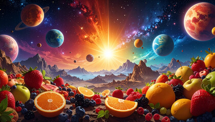 Surreal Cosmic Fruits and Planets Landscape