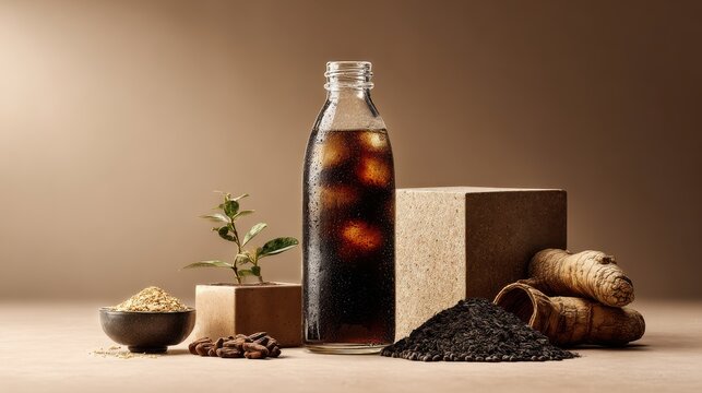Refreshing cold brew coffee with natural ingredients aromatic herbs. Chilled bottle of dark coffee sits amongst natural elements like herbs, coffee beans, roots, evoking sense of healthy refreshment
