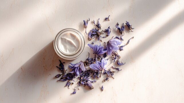 Natural cream in jar with dried purple flowers and soft light. A jar of white cream sits beside a scattering of dried purple flowers, bathed in gentle sunlight