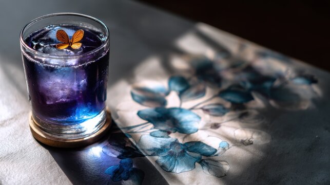 Vibrant blue butterfly pea flower tea with ice and garnish. Refreshing glass of iced butterfly pea flower tea, known for its natural blue hue potential health benefits, served with delicate garnish