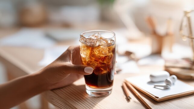Refreshing iced cola drink held by a hand on a wooden desk with stationery. A person's hand holds a tall glass filled with iced cola, placed on a wooden surface next to stationery and earbuds