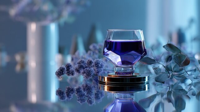 Aromatic purple herbal tea in faceted glass with delicate floral eucalyptus accents. Experience soothing essence of nature with this vibrant purple herbal infusion perfect for moments of calm wellness