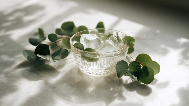Refreshing eucalyptus infused water with ice cubes and natural light. A clear glass bowl filled with ice cubes and water, adorned with fresh eucalyptus leaves, bathed in soft sunlight