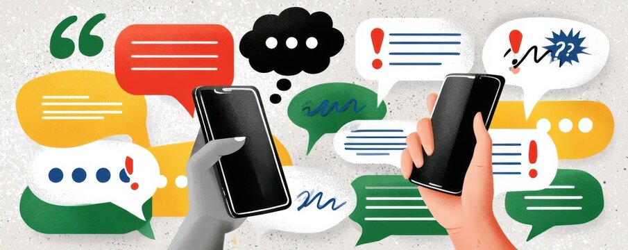 Two people texting on smartphones surrounded by chat bubbles and message notifications