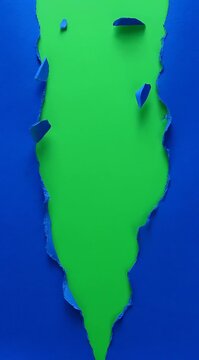 Vibrant Blue Paper Torn Open Revealing Bright Green Background Abstract Texture With Rough Edges And Jagged Shapes