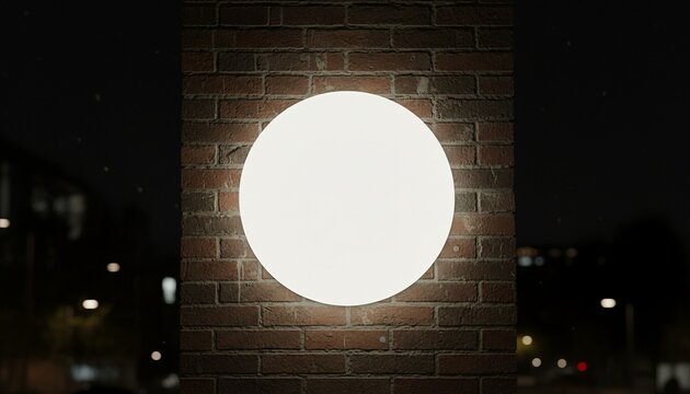 Circular glowing white shop sign mockup on brick wall