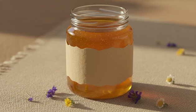 Clear honey jar with blank paper label on linen cloth