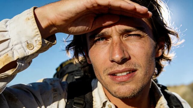 Shading left-hand hiker scanning plain horizon checking route in sun with straps shirt chain flare