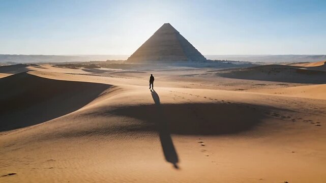 Leaving pyramid, traveler wearing dark jacket walking toward camera across dunes, with long shadow