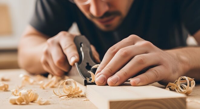 Skilled carpenter meticulously shaping a piece of timber with a hand plane, creating beautiful wood shavings during the woodworking process