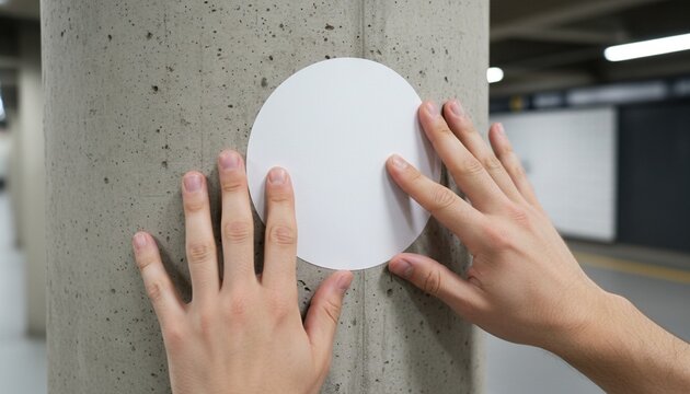Hands applying round white sticker to concrete pillar mockup
