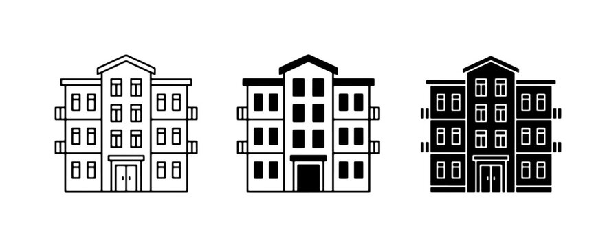 Apartment Building Icons, Residential Architecture Vector Graphics, Urban Housing Illustrations