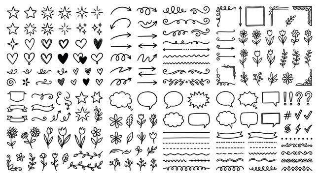 Hand drawn doodle elements including arrow, heart, star, swirl, highlight, and sketch underline. decorative design set for infographics, social media, note taking, and creative projects