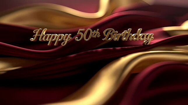 Happy 50th Birthday golden text message on a luxurious background of rich red and shimmering gold flowing silk fabric, ideal for celebrating milestone anniversaries and special events.