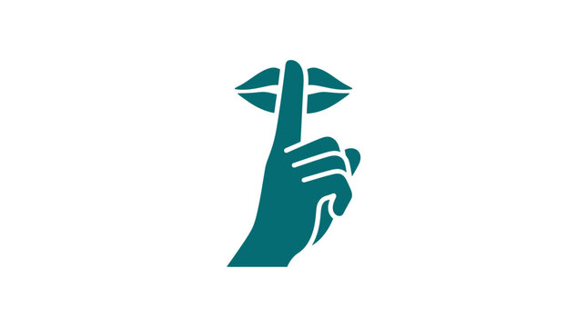 Teal hand on lips silence shh gesture icon.