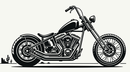 A black and white illustration of a chopper motorcycle. © Abhinaya Project