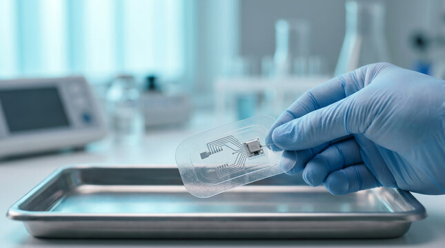 Gloved Hand Holding Transparent Bio-Electronic Smart Patch with Microchip in Scientific Laboratory